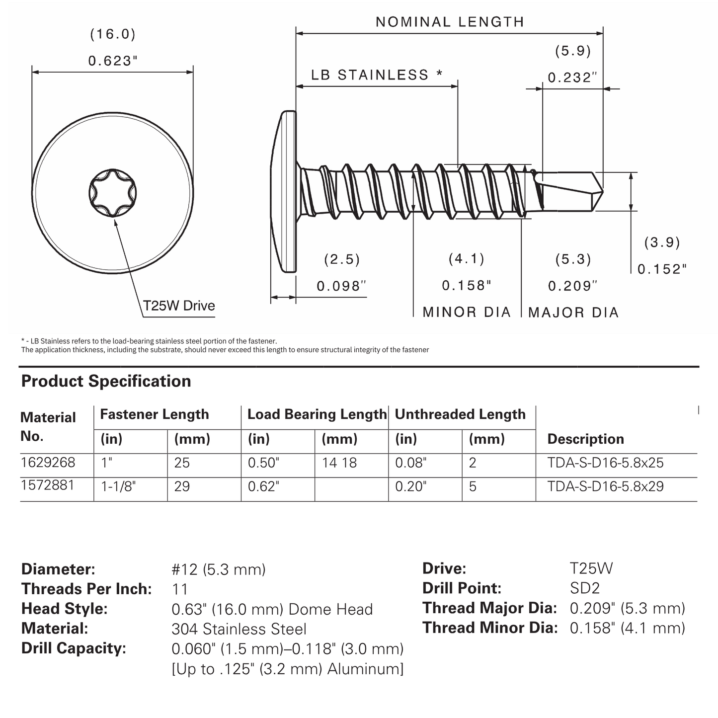SFS SX3-D16 Bi-Metal Self-Drilling Screw, Dome Head, 304 Stainless - #12 x 1-3/16" (250 Pack)