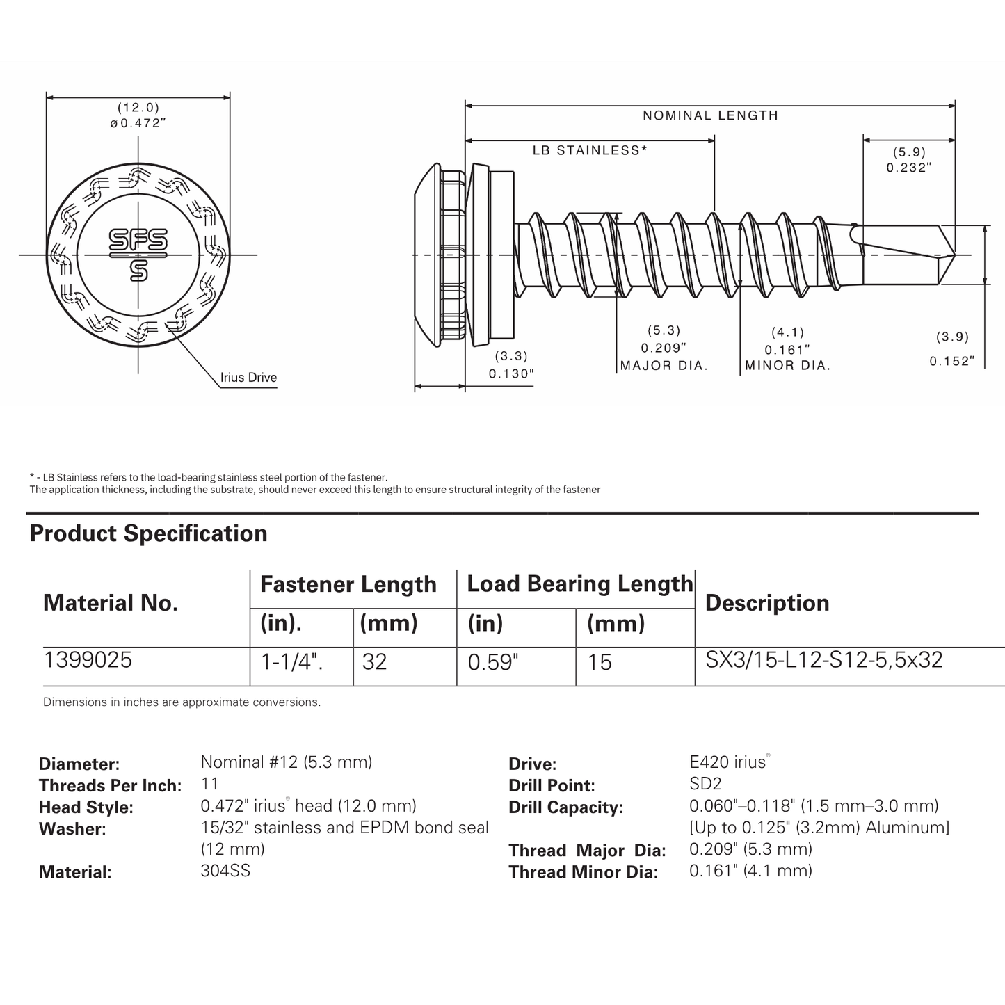 SFS SX3-L12 Irius® Bi-Metal Self-Drilling Screw, Low Profile Dome Head, 304 Stainless - #12 x 1-1/4" (250 Pack)