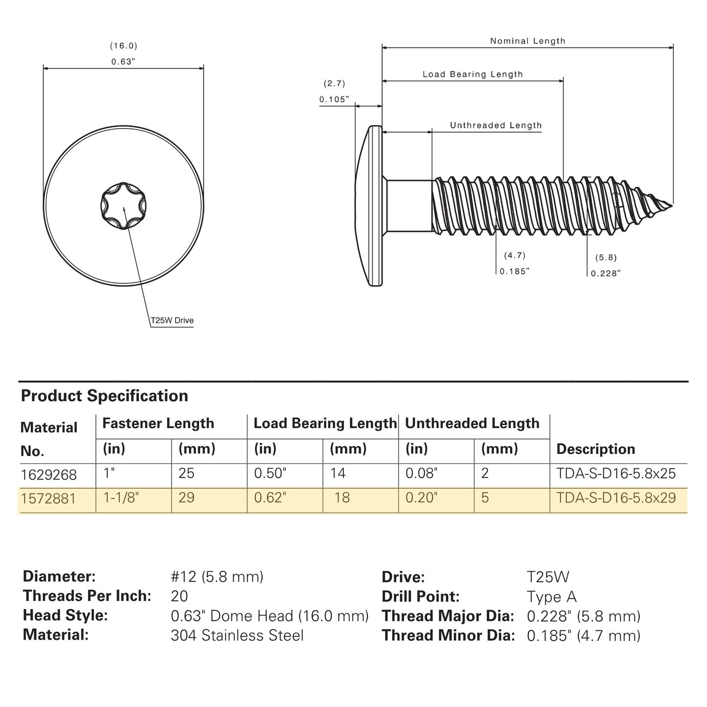 SFS TDA-S-D16 Metal Self-Drilling Screw Bi-Met, Dome Head, 304 Stainless - #12 x 1-1/8" (250 Pack)