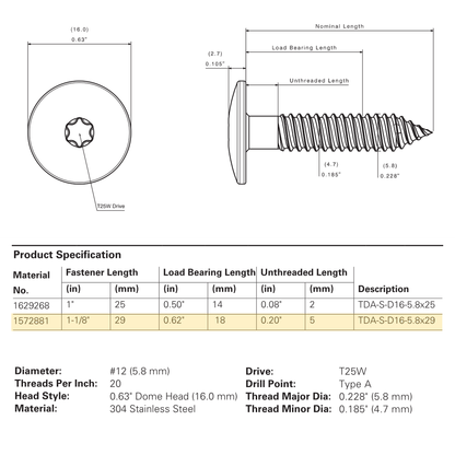 SFS TDA-S-D16 Metal Self-Drilling Screw Bi-Met, Dome Head, 304 Stainless - #12 x 1-1/8" (250 Pack)