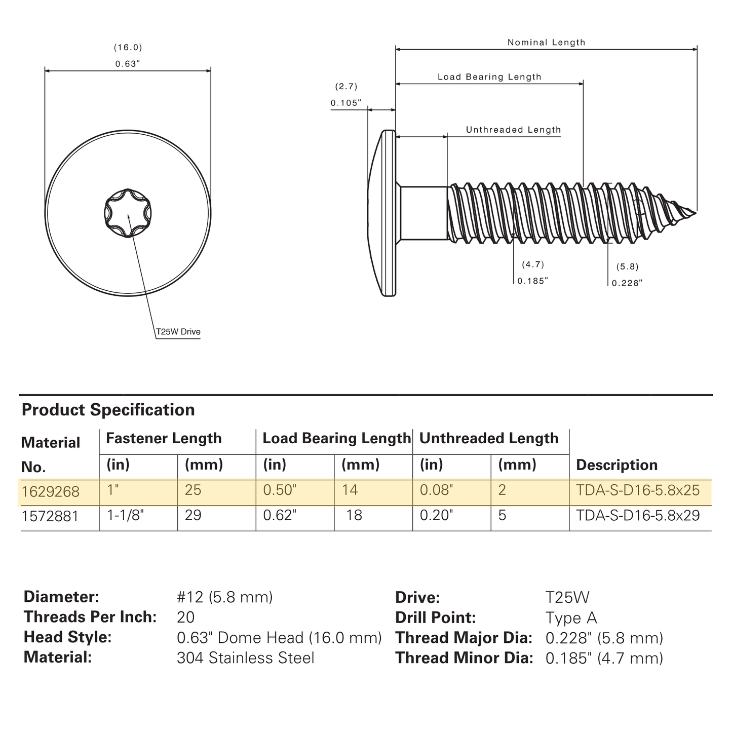 SFS TDA-S-D16 Metal Self-Drilling Screw Bi-Met, Dome Head, 304 Stainless - #12 x 1" (250 Pack)