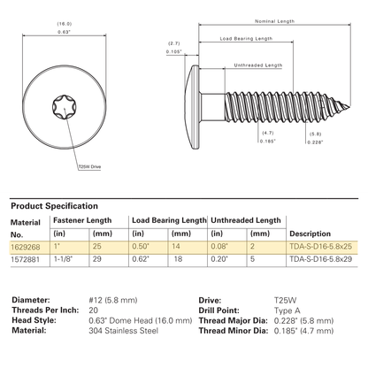 SFS TDA-S-D16 Metal Self-Drilling Screw Bi-Met, Dome Head, 304 Stainless - #12 x 1" (250 Pack)
