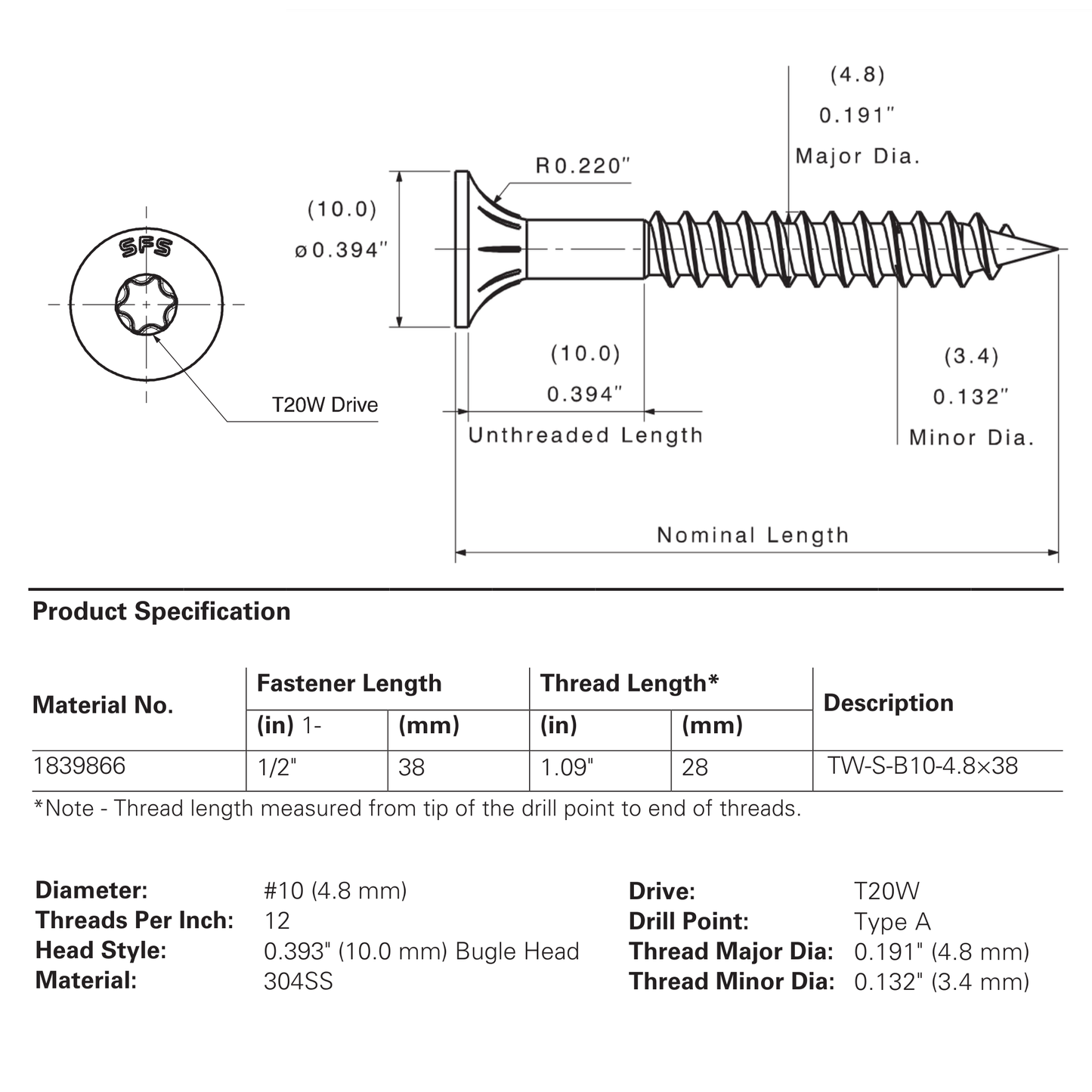 SFS Stainless Steel Bugle Head Cladding Screw - #10 x 1-1/2" (250 Pack)