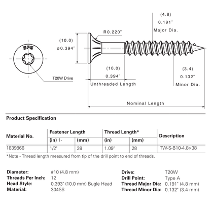 SFS Stainless Steel Bugle Head Cladding Screw - #10 x 1-1/2" (250 Pack)