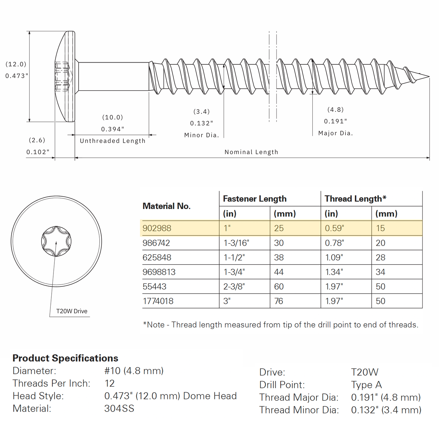 SFS Stainless Steel Dome Head Cladding Screw - #10 x 1-1/2" (250 Pack)