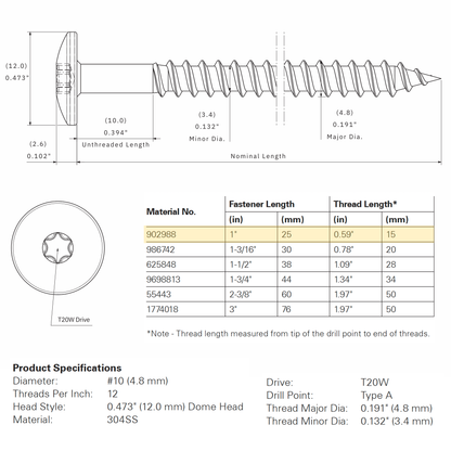 SFS Stainless Steel Dome Head Cladding Screw - #10 x 1-1/2" (250 Pack)